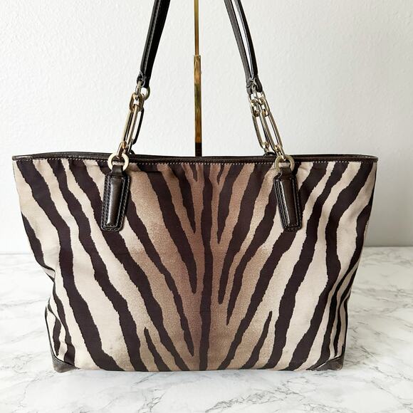 Coach Madison East West Tote With Zebra Print Brown/Tan Zip Top Shoulder Bag - Picture 4 of 16